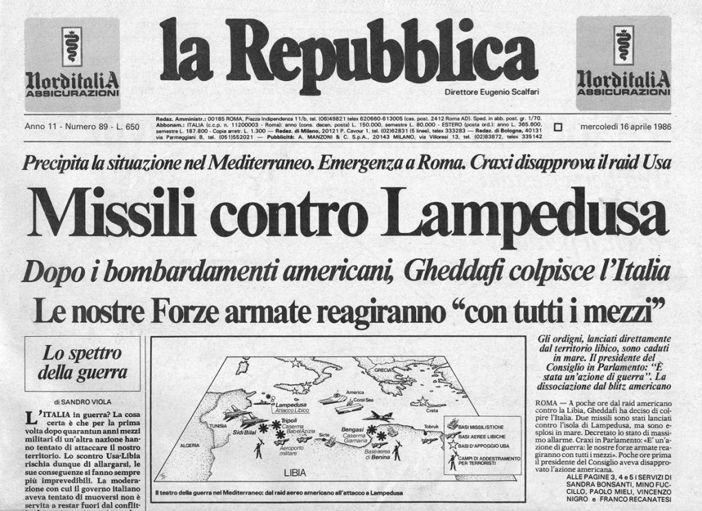 La prima pagina de la Repubblica di mercoledì 16 aprile 1986